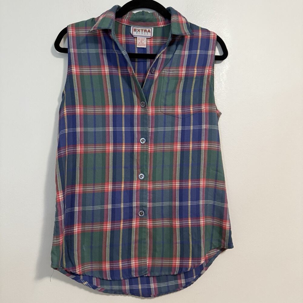 Vintage‎ Plaid Cotton Sleeveless Tank Button Down | Extra Blues |Medium Grunge